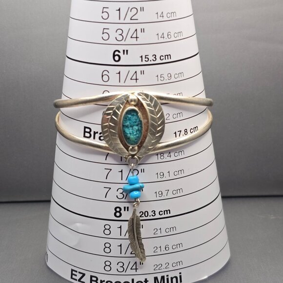 VTG Southwestern Sterling Silver Bracelet 6.75" Crushed Turquoise Feather Charm - Picture 8 of 15